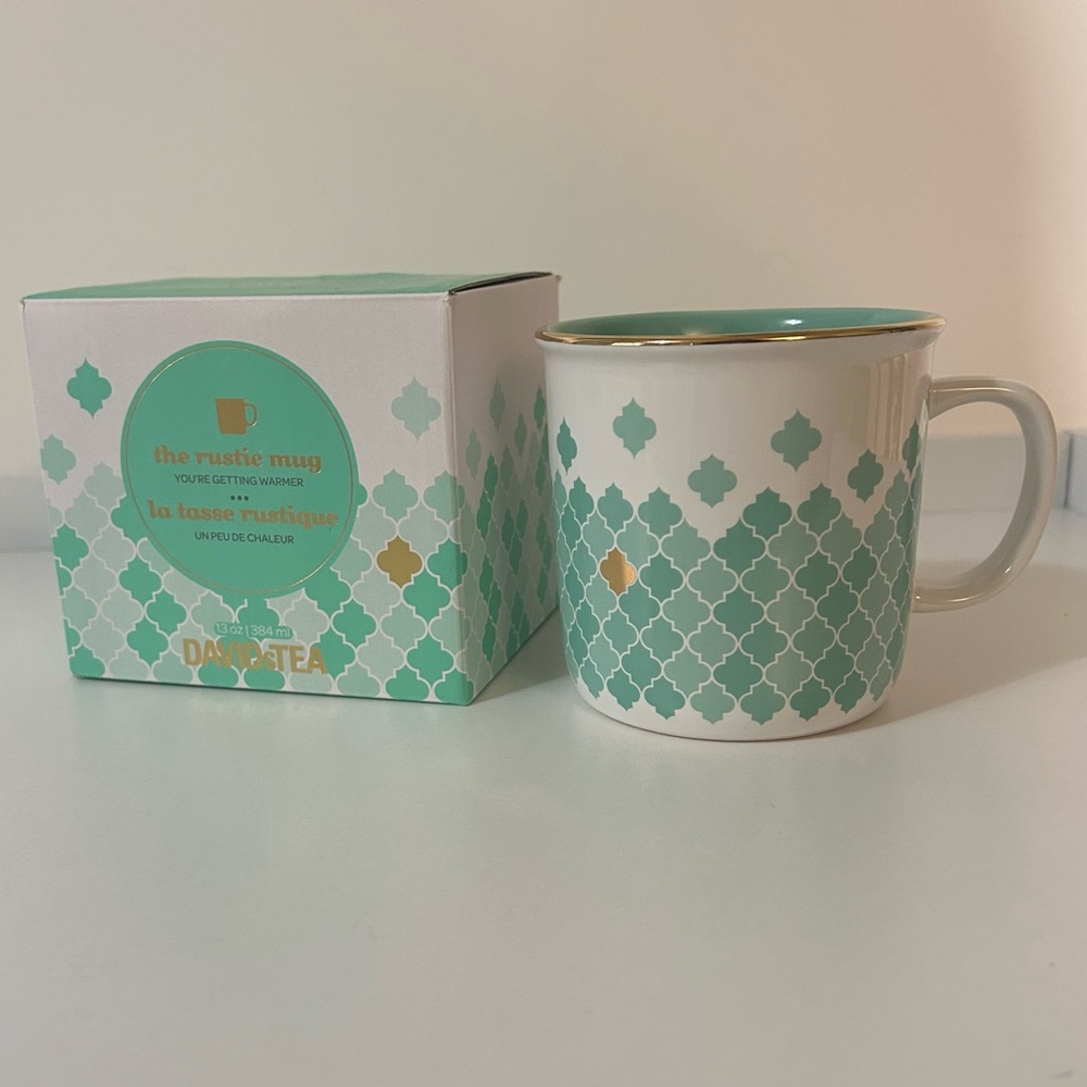 David’s Tea Rustic Teal and White Mug with Gold Accents In Box